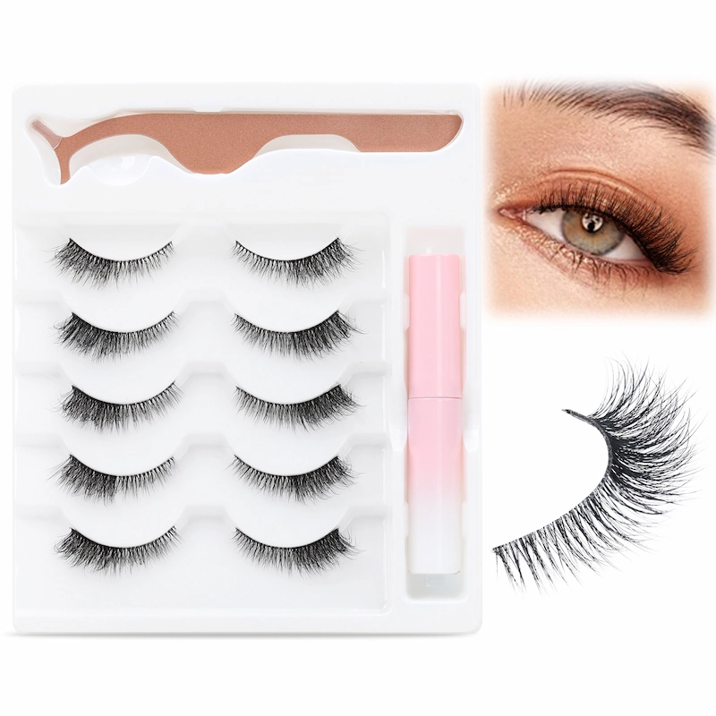 Private Label 5 Pairs Pack Kit Faux Mink Strip Lashes Fox Eye Lashes with Lash Glue